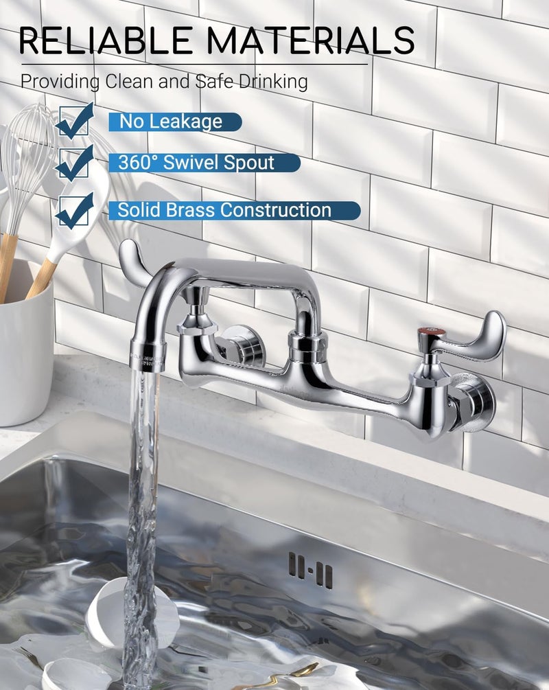 Phivan 8" Center Wall Mount Commercial Sink Faucet - 8 Inch Swivel Spout with Wrist Blade Handle, Chrome Brass Construction for Restaurant/Laundry/Utility Room/Industrial Compartment Kitchen Sinks - Image 3
